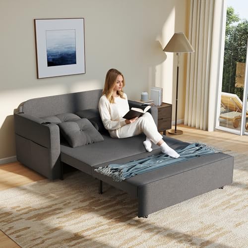 3 in 1 Pull Out Couch, 56 Inch Convertible Sleeper Sofa Bed, Loveseat Sofa with Cup Holders, USB, Sofa Couches for Living Room, Bedroom, Apartment