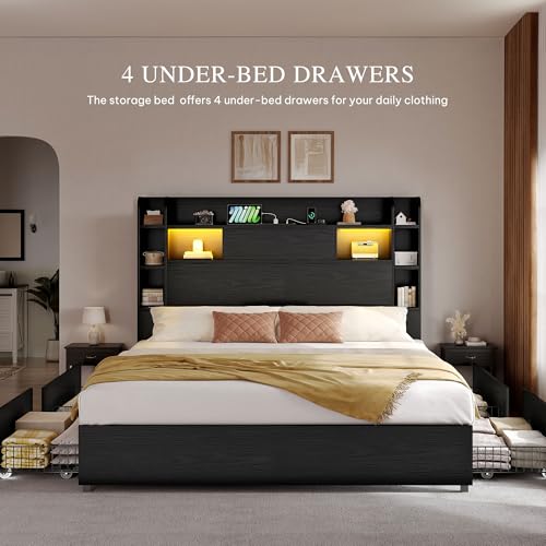 YITAHOME Queen Bed Frame with Bookcase Headboard and 4 Storage Drawers, RGB LED Bed Frame with Type-C & USB Charging Station Storage Headboard Bed