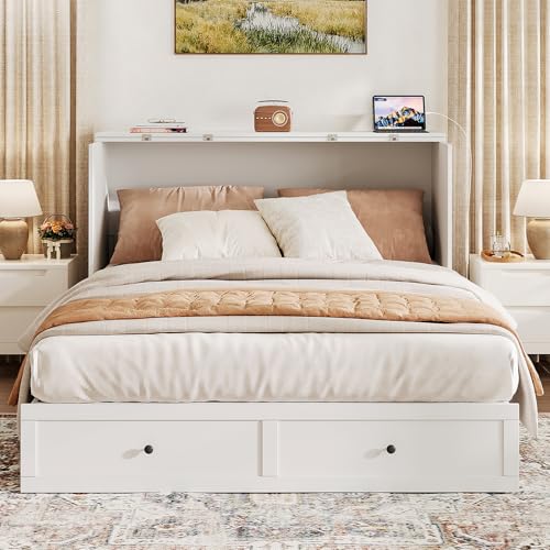 Queen Murphy Bed with Storage & Charging Station, Murphy Cabinet with Foldable Panel, Noisy Free, for Guest Bedroom, Living Room, Office