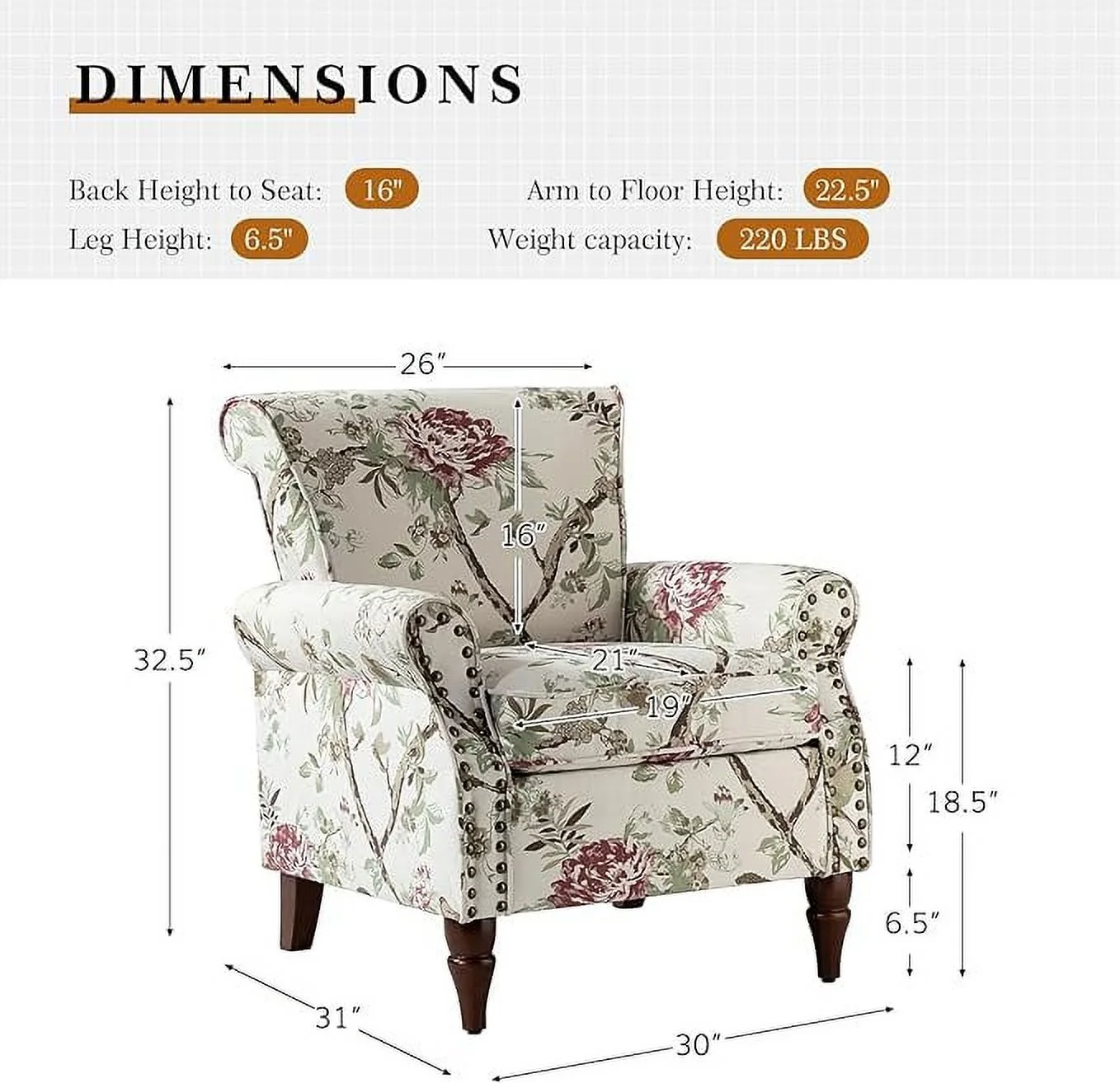 Wooden Upholstered Accent Chair Set of 2 with Removable Cushion Armchair Wingback Floral Lounge Sofa Set Nailhead Trim Floral - Radiant Selections