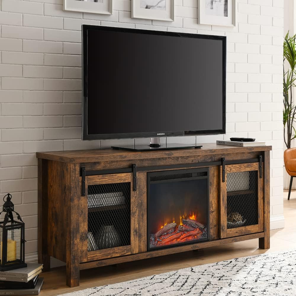 AWQM Electric Fireplace TV Stand for 65 Inches TV ,Entertainment Center with Fireplace,Double Sliding Barn Door Fireplace Console Table