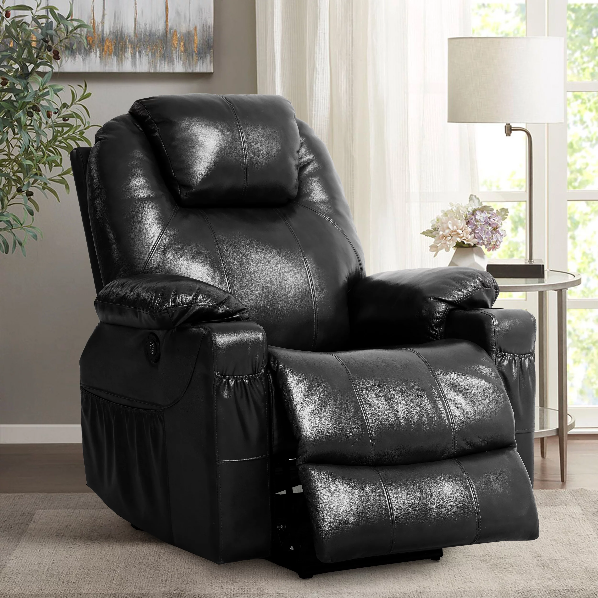 TEKAMON 3-Position Large Power Lift Recliner Chair with Massage and Heating for Elderly, Real Leather(Black)