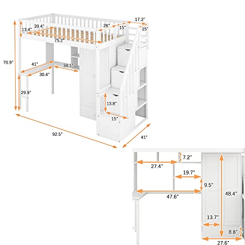 Twin Loft Bed with Staircase, Desk and Wardrobe, Wood Loft Bed with Storage Shelves and Safety Guardrail