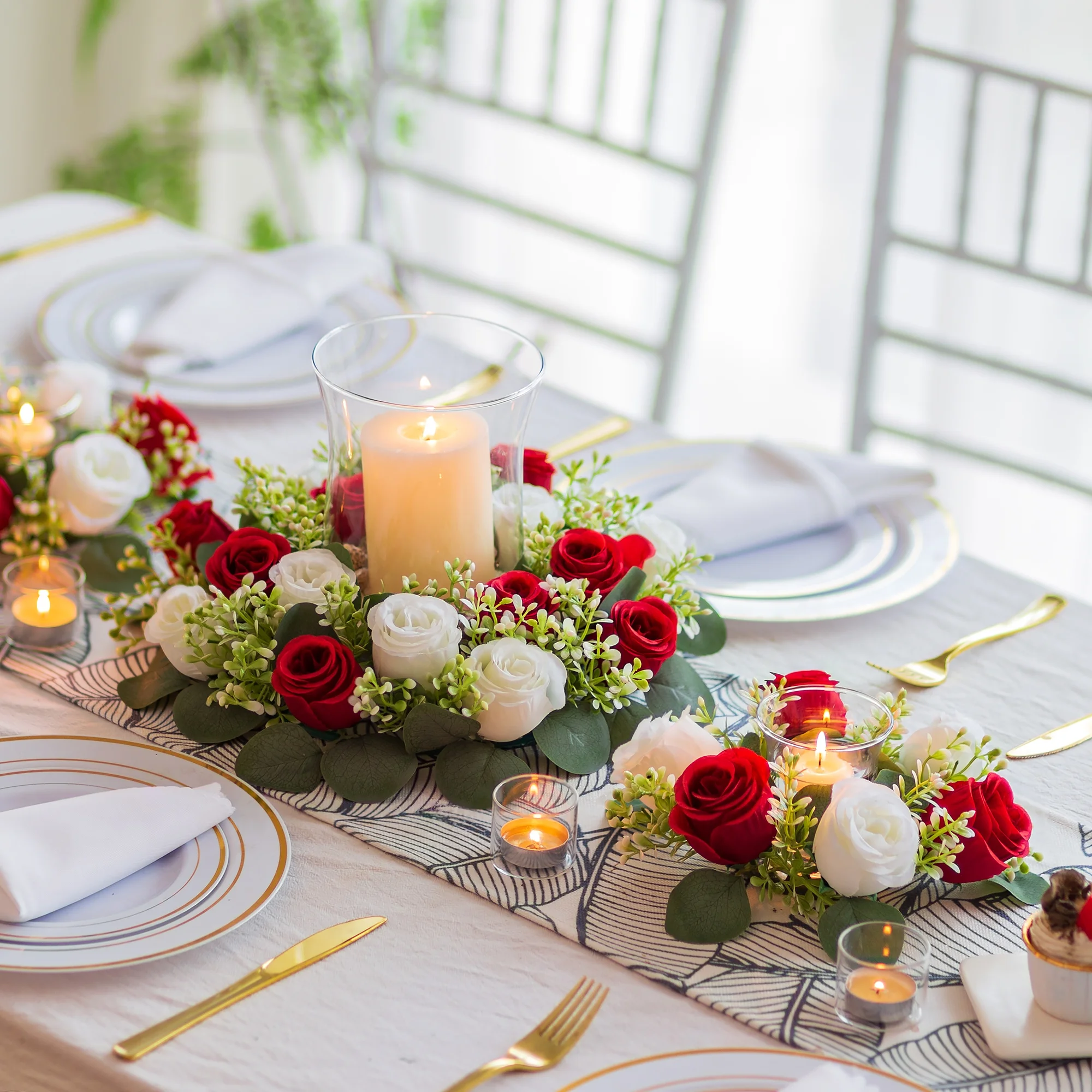Blosmon Candle Rings Wreaths 6 Pcs 13.4" Large Burgundy & White Artificial Flowers Wedding Centerpiece for Table Spring Summer Fake Rose Wreath for