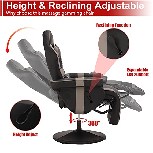 Massage Video Gaming Recliner Chair - Ergonomic Backrest & Seat Height Adjustment Swivel Recliner