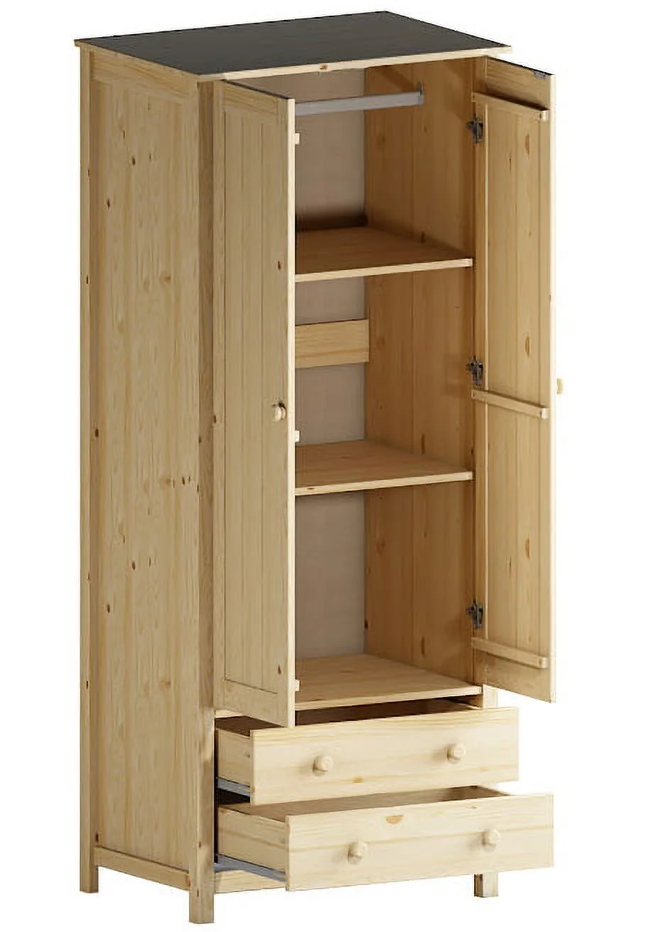 From the Tree Furniture Solid Unfinished Wood Freestanding Wardrobe Closet for Hanging Clothes with 2 Doors and 2 Drawers Cabinet for Bedroom Closet