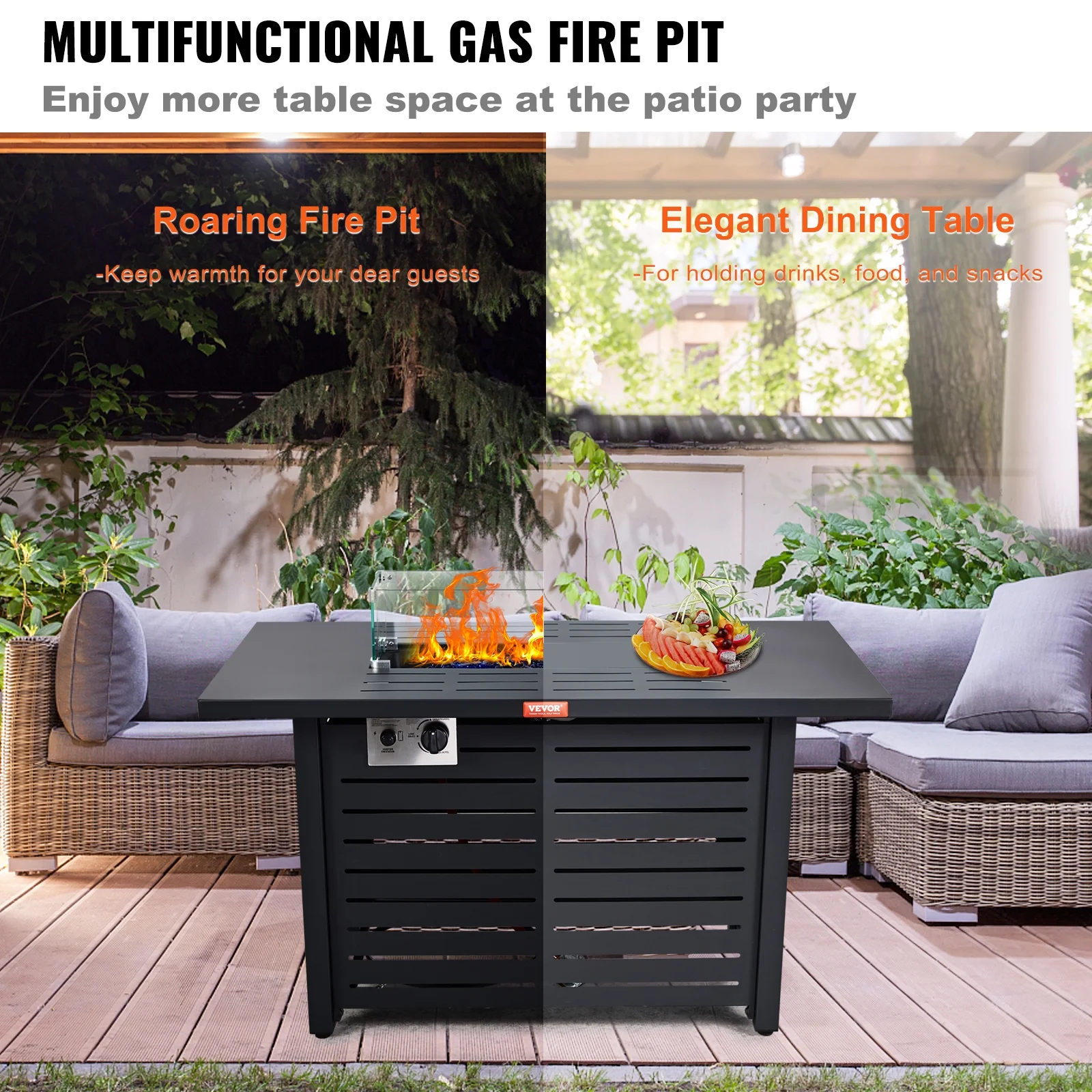 BENTISM 43" Outdoor Propane Gas Fire Pit Table 50000 BTU w/ Glass Tabletop & lid
