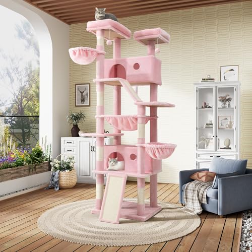 SHA CERLIN 81in Multi-Level Tall Cat Tree Tower for Indoor Kitties/Larger Cat Condo Furniture with Hammock/Cozy Pussycat Perches/Sisal Scratching