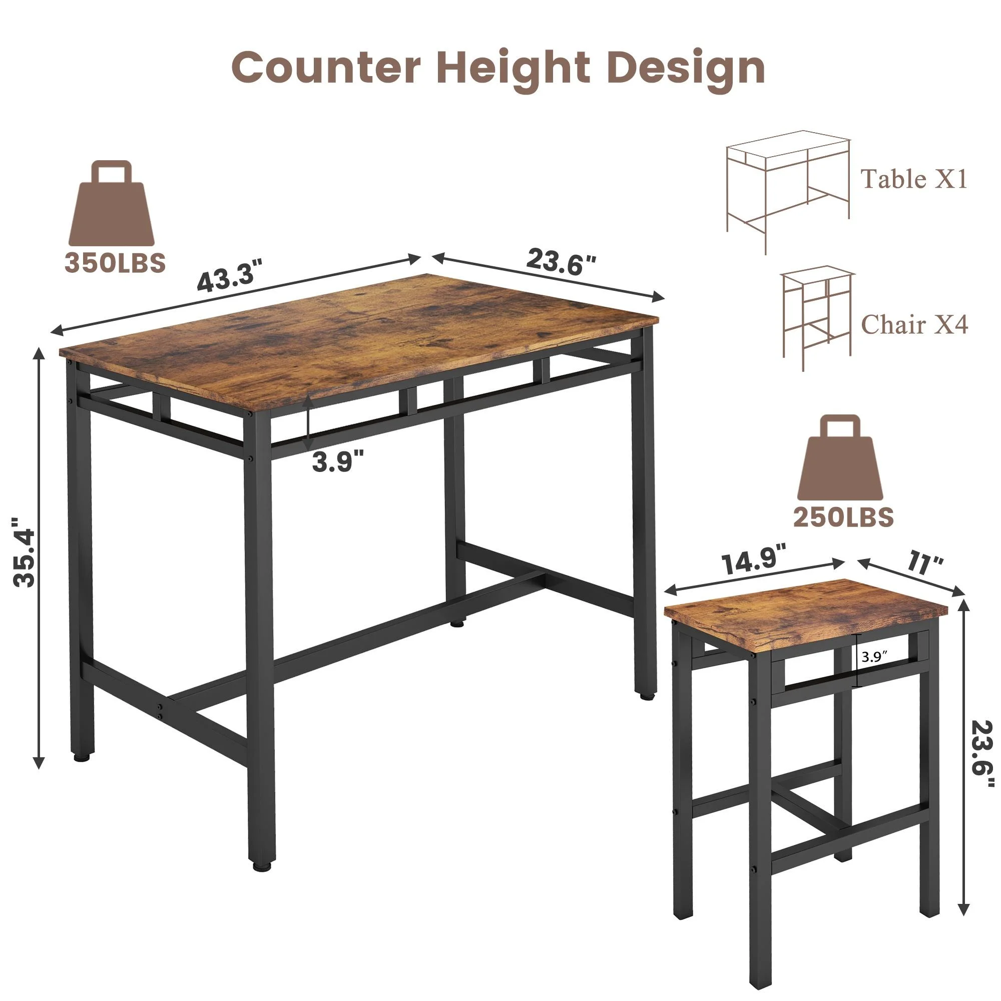 Counter Height Dining Table Set for 4, Metal Rectangle Bistro Pub Set with MDF Top, Rustic Brown Kitchen Bar Table Set