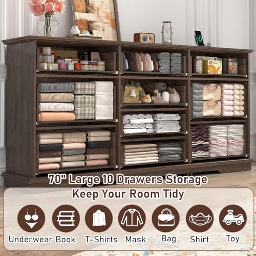 70inch Large Long Dresser w/Charging Station,10 Drawer Dresser w/Deep Big Drawers,Wooden Chest of Drawers w/Power Outlet,White Dressers for Bedroom