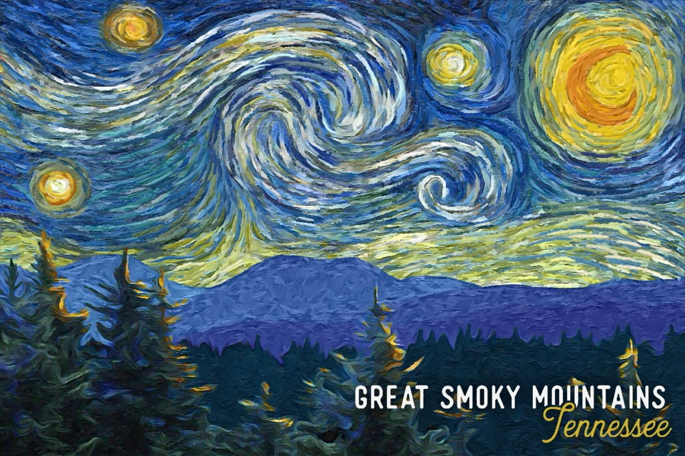 Great Smoky Mountains, Tennessee, Starry Night (24x36 Giclee Gallery Art Print, Vivid Textured Wall Decor)