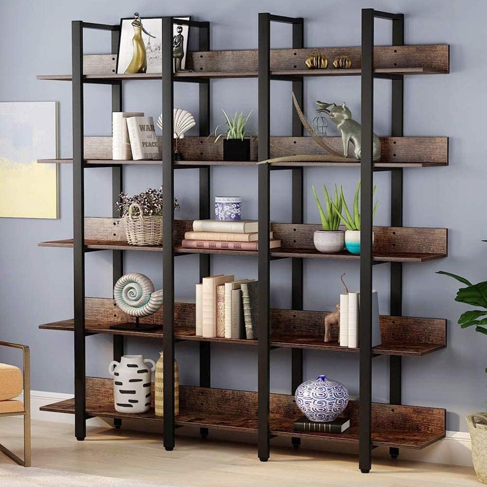 Tribesigns Rustic Triple Wide 5-Tiers Open Bookcase, Vintage Industrial Large 5 Shelf Bookshelf Furniture