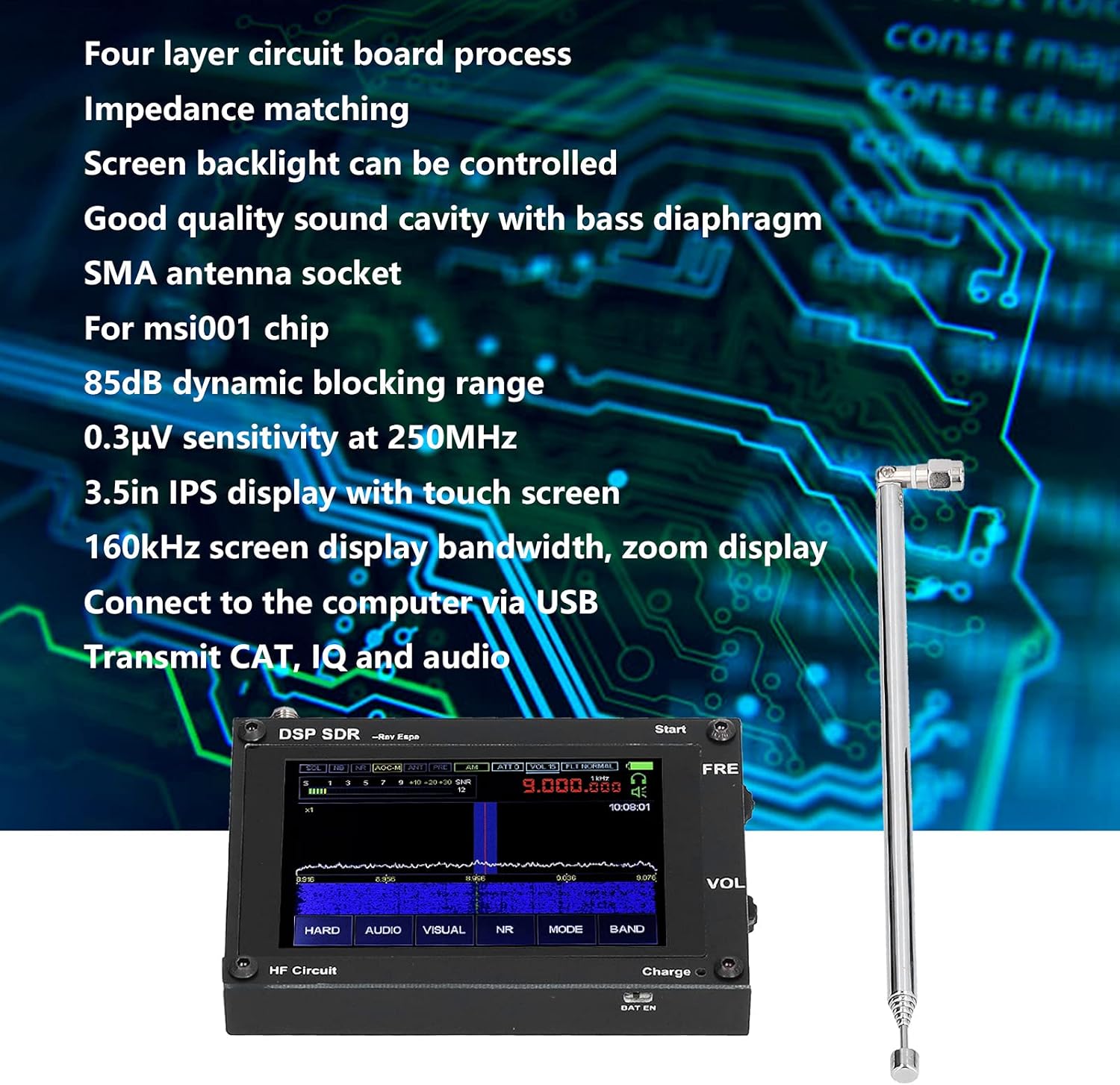 SDR Radio Receiver, Transmit Cat, IQ And Audio, 3.5inch IPS Display With Touch Screen, Support AM, SSB, NFM, WFM, CW Demodulation.