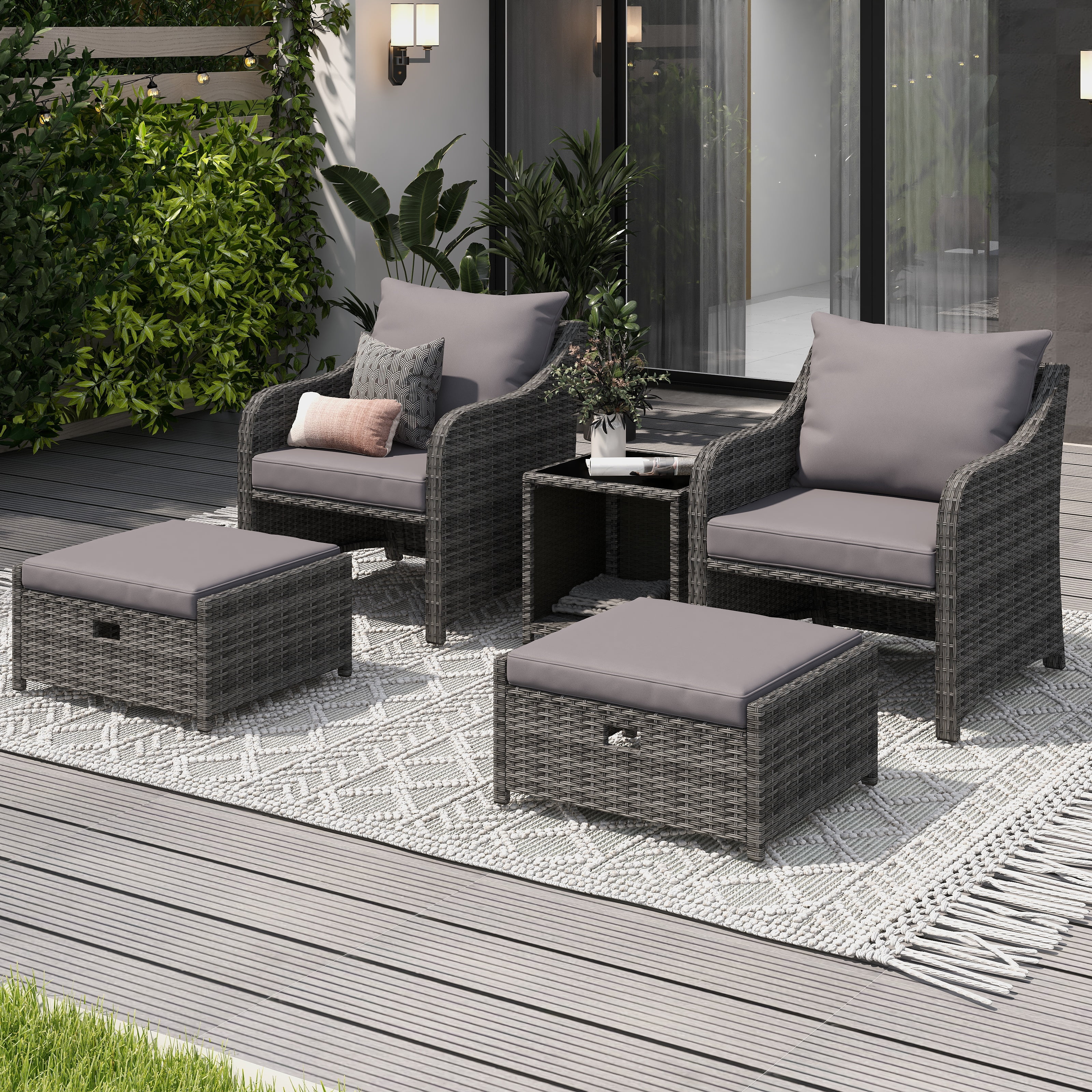 HOMREST 5 Piece Balcony Furniture, All Weather PE Wicker Rattan Patio Furniture Set, Cushioned Patio Chairs Set of 2 w/Ottoman&Table