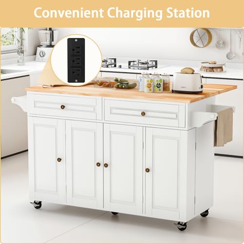 67’’ Movable Kitchen Island with Drop Leaf and Power Outlet, Lockable Sliding Countertop Rolling Island Cart with 2 Large Drawers, Spice, Towel Rack
