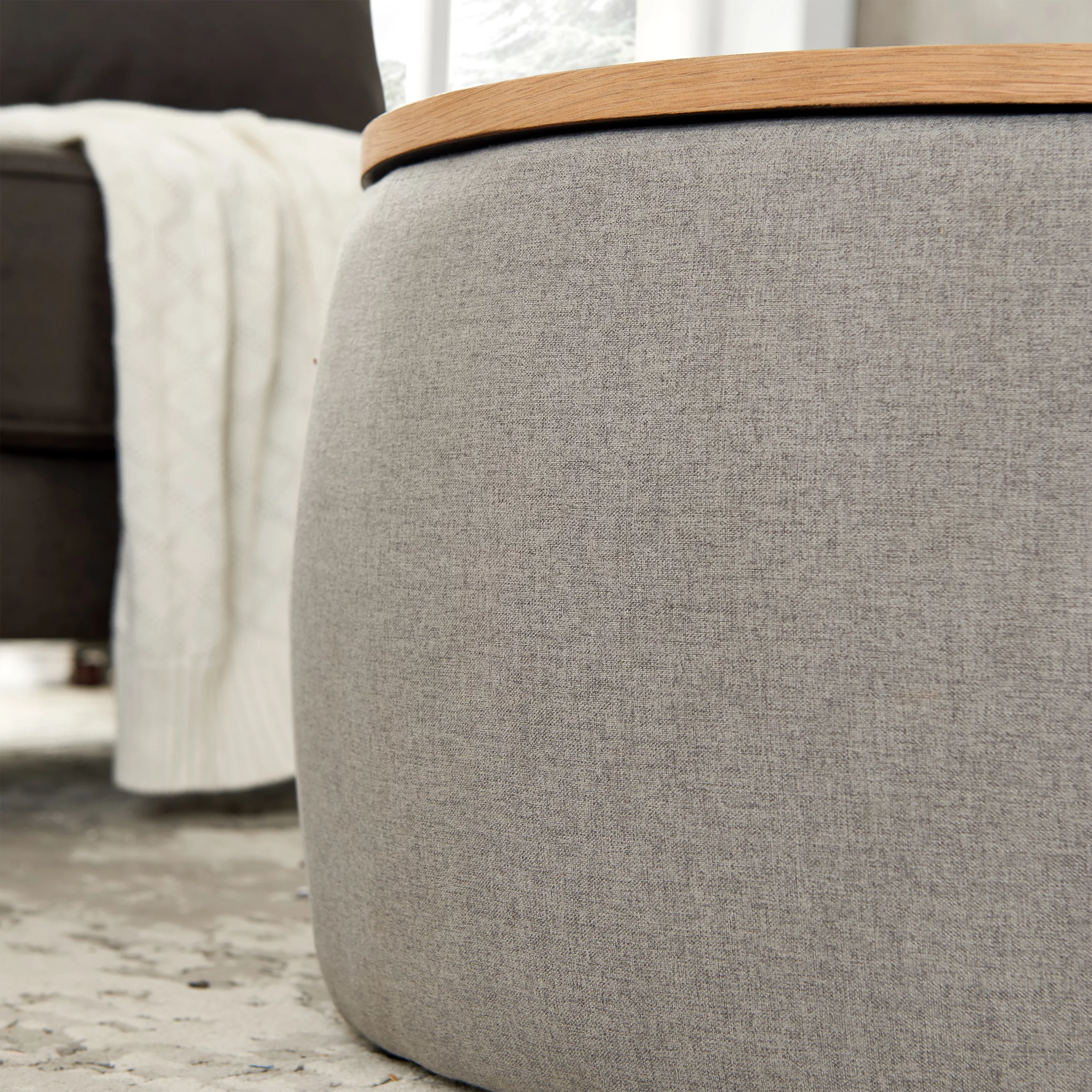 Seizeen Ottoman With Storage, Round Storage Ottoman Coffee Table with Wood Tray, 2-in-1 Fabric End Side Table for Living Room Bedroom, Grey