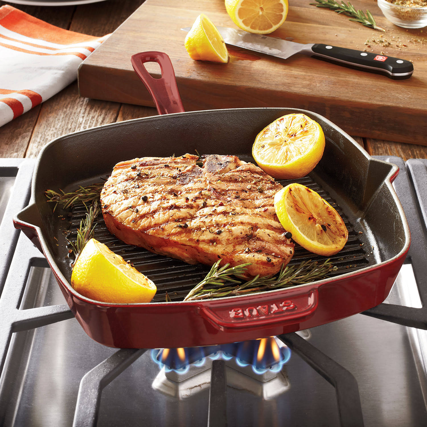 Staub Cast Iron Square Grill Pan, 10-in, Grenadine