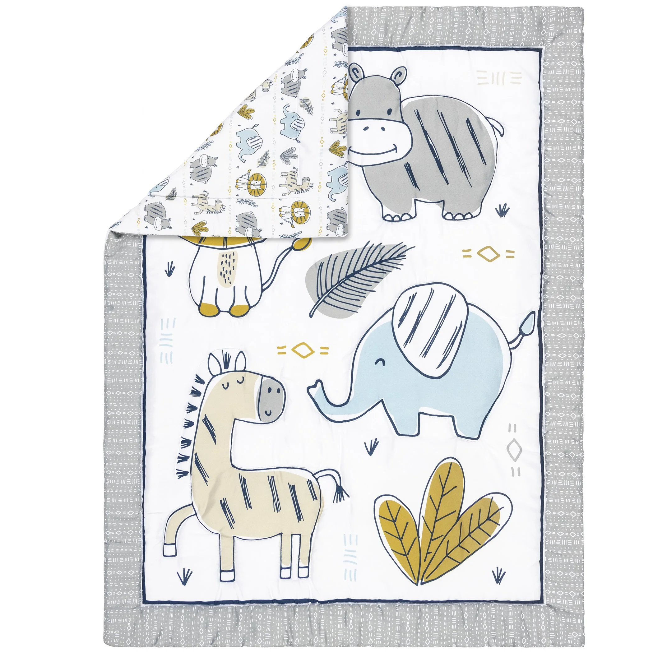 Sammy & Lou Zambia 4 Piece Crib Bedding Set. White, Tan, Orange, Blue, Navy and Gray Set is 100% Microfiber