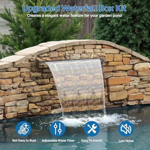 POPOSOAP 24 Inch Pond Waterfall Spillway with 1200GPH Pump, 304 Stainless Steel Waterfall Kit with 9.8FT Corrugated Tube