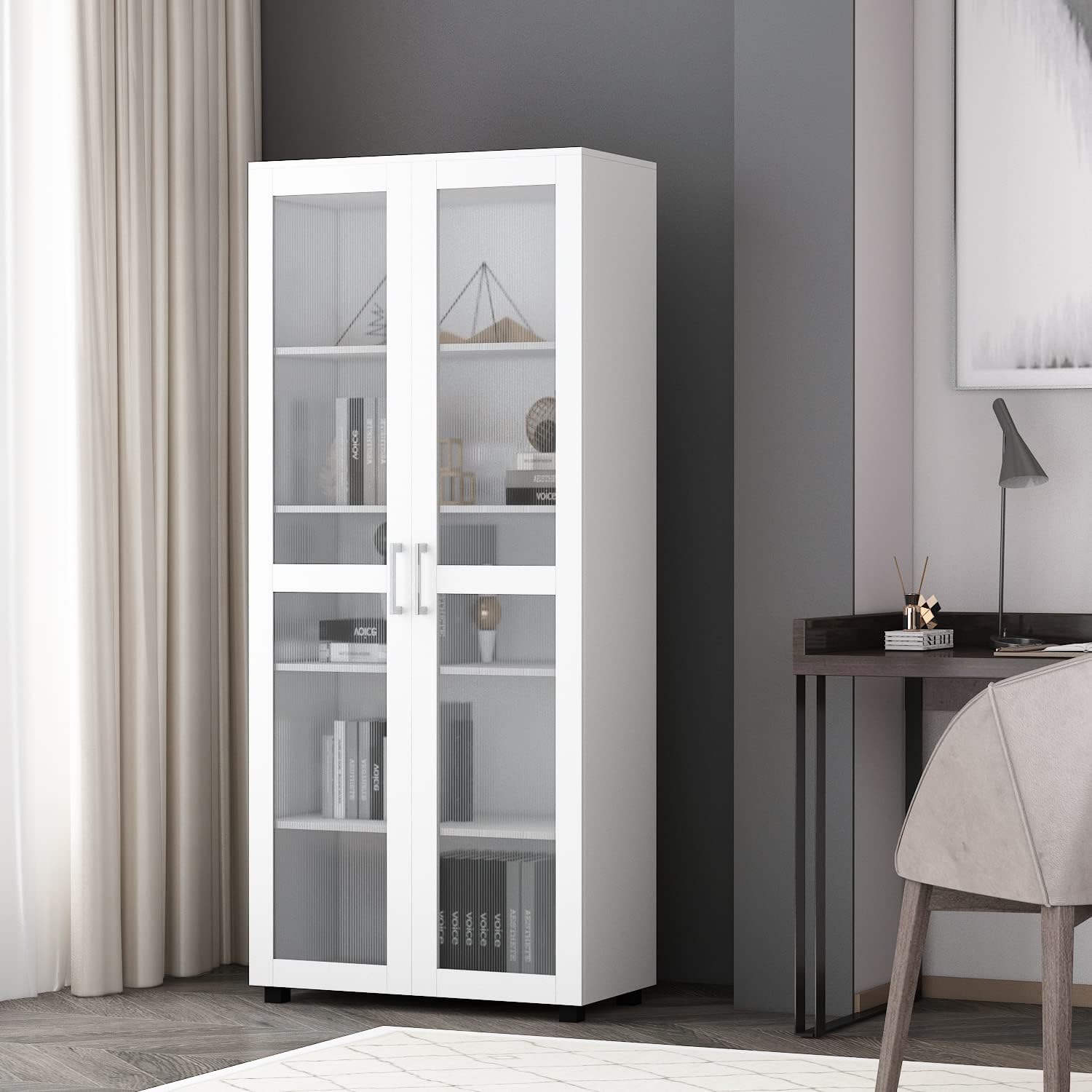 Homsee Bookcase Storage Cabinet with 2 Plastic Glass Doors, 5-Tier Bookshelves Wooden Organizer for Living Room, White (31.5”L x 15.4”W x 72.3”H)