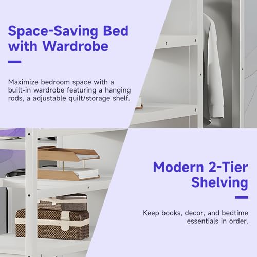 Full Size Metal Loft Bed Heavy-Duty Loft Bed Frame, LED Loft Bed Frame with L Shaped Desk, Wardrobe, Storage Stairs
