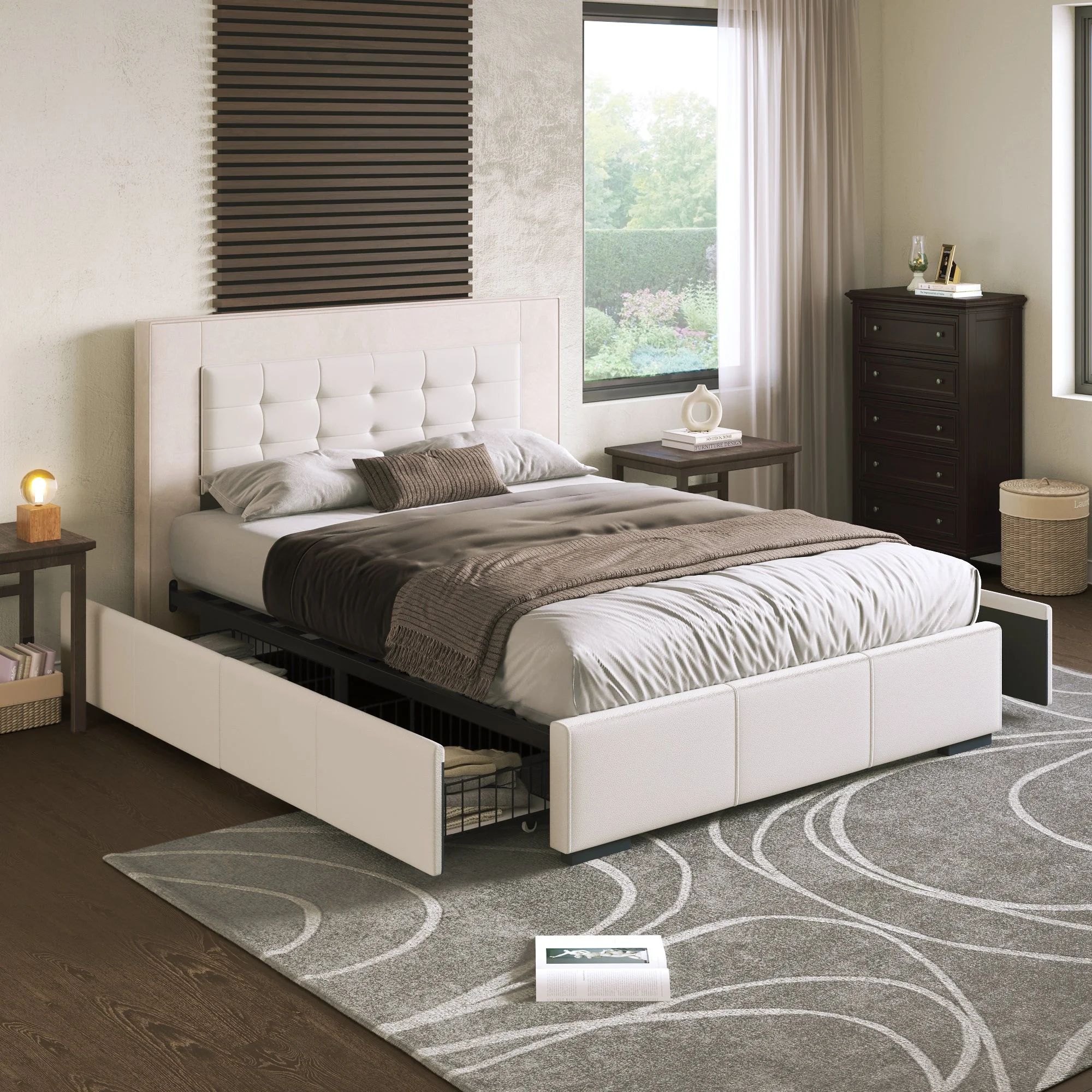 Acer Queen Platform Bed Frame with Four Drawers - Beige