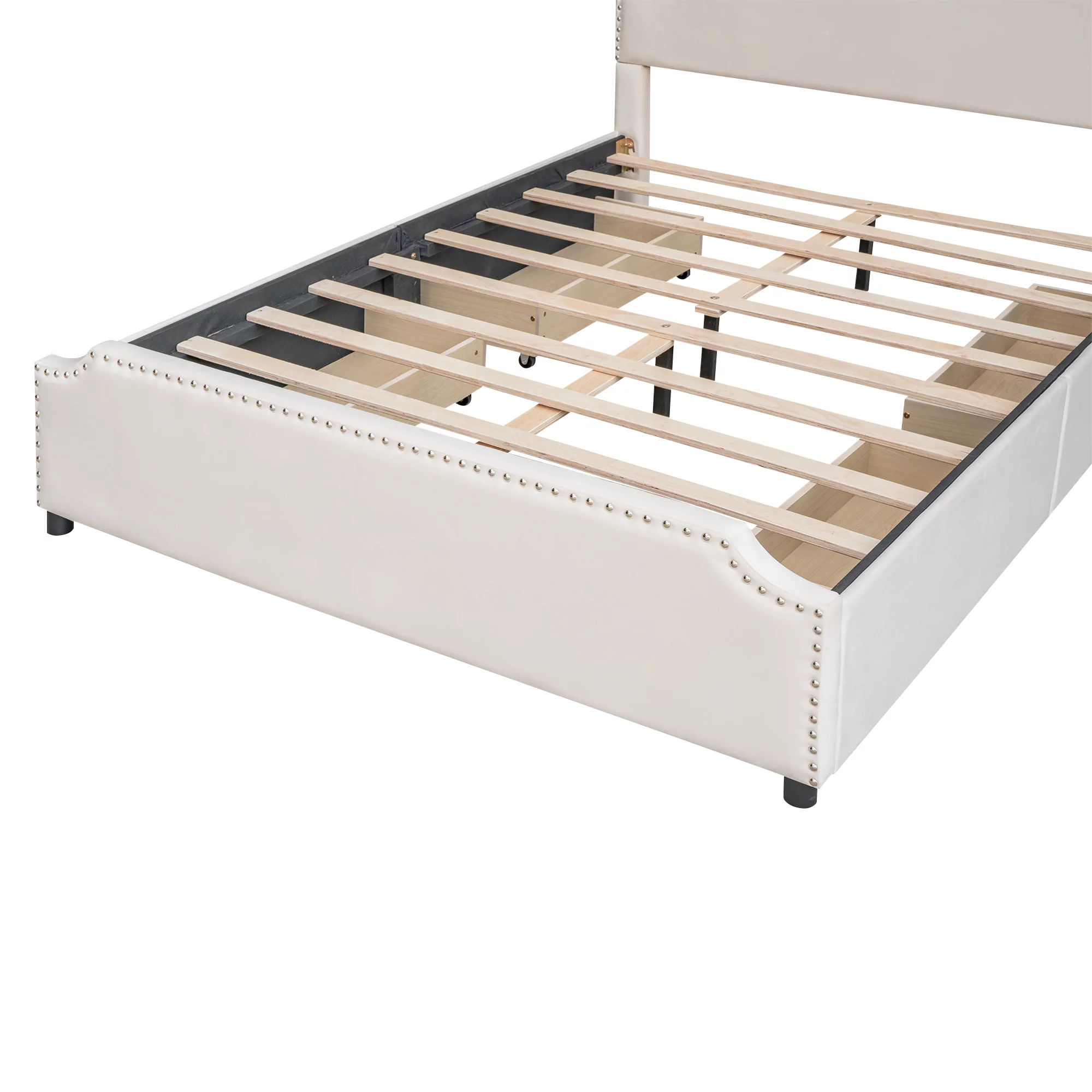 Upholstered Queen Size Bed with 4 Storage Drawers,Upholstered Platform Bed Frame with Stud Trim Headboard and Footboard