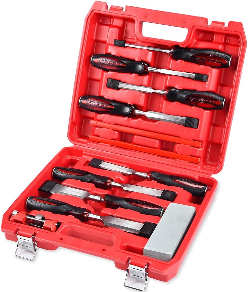 AOBEN 12 pc Wood Chisel Set Premium Wood Carving Chisels Sturdy Heat-Treated Cr-V Alloy Blades Woodworking Tools with 8 Full Tang Wood Chisels Tools