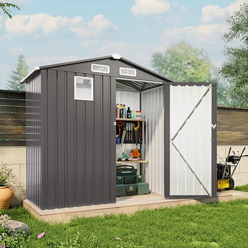 5x3x6FT Outdoor Storage Shed, Galvanized Steel Garden Shed with Lockable Door & Window, Waterproof Metal Tool Storage for Garden, Backyard, Patio