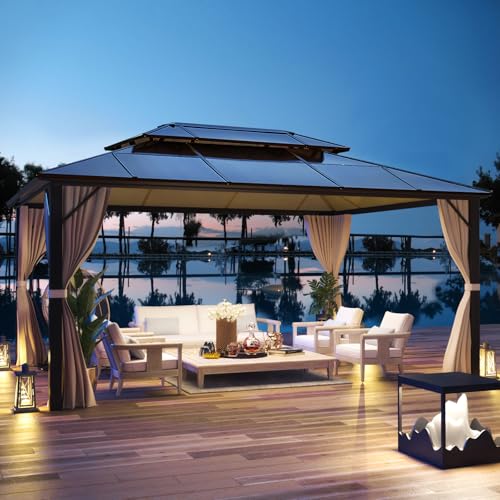 YOLENY 10'x13' Hardtop Gazebo, Outdoor Polycarbonate Double Roof Canopy, Aluminum Frame Permanent Pavilion with Curtains and Netting