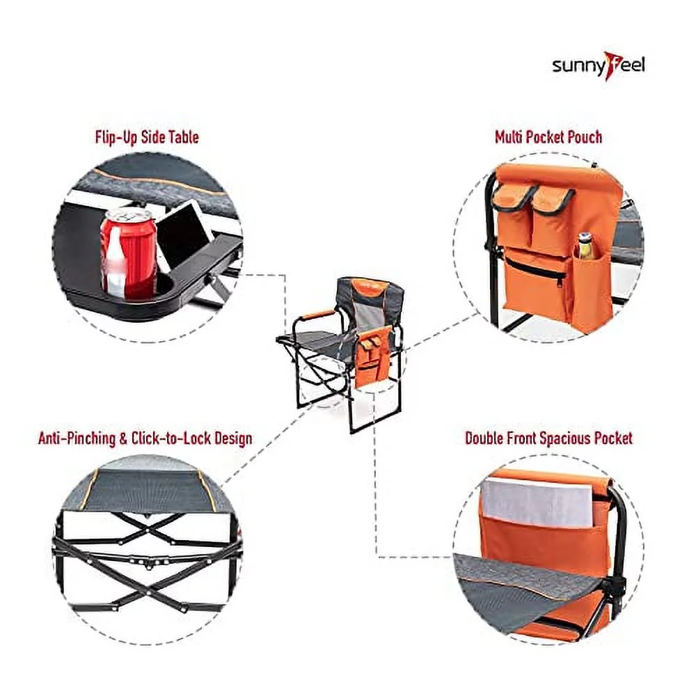 SunnyFeel Compact Camping Director Chair, Portable Folding Chairs with Side Table, Carry Bag (2 Pack Orange)