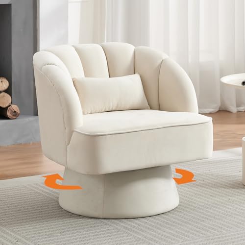 GarveeHome Modern Swivel Barrel Accent Chair, 360° Teddy Fabric Upholstered Armchair with Striped Backrest & Plush Padding