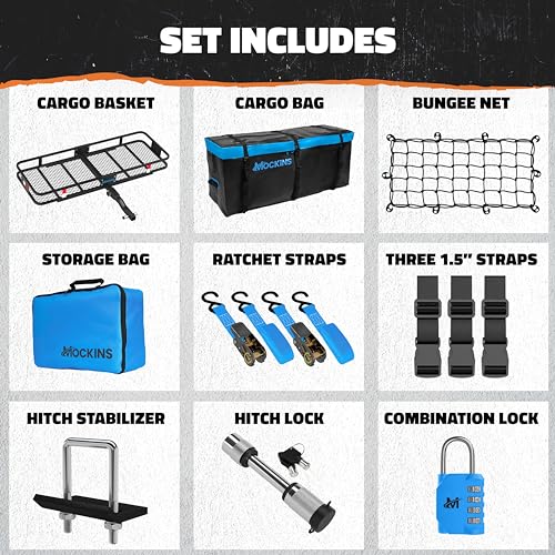 Mockins 60x20x6 Heavy-Duty Trailer Hitch Cargo Carrier 500lb Cap & 16 CuFt Soft Shell Waterproof Luggage Cargo Bag |Folding Hitch Cargo Carrier w/Net