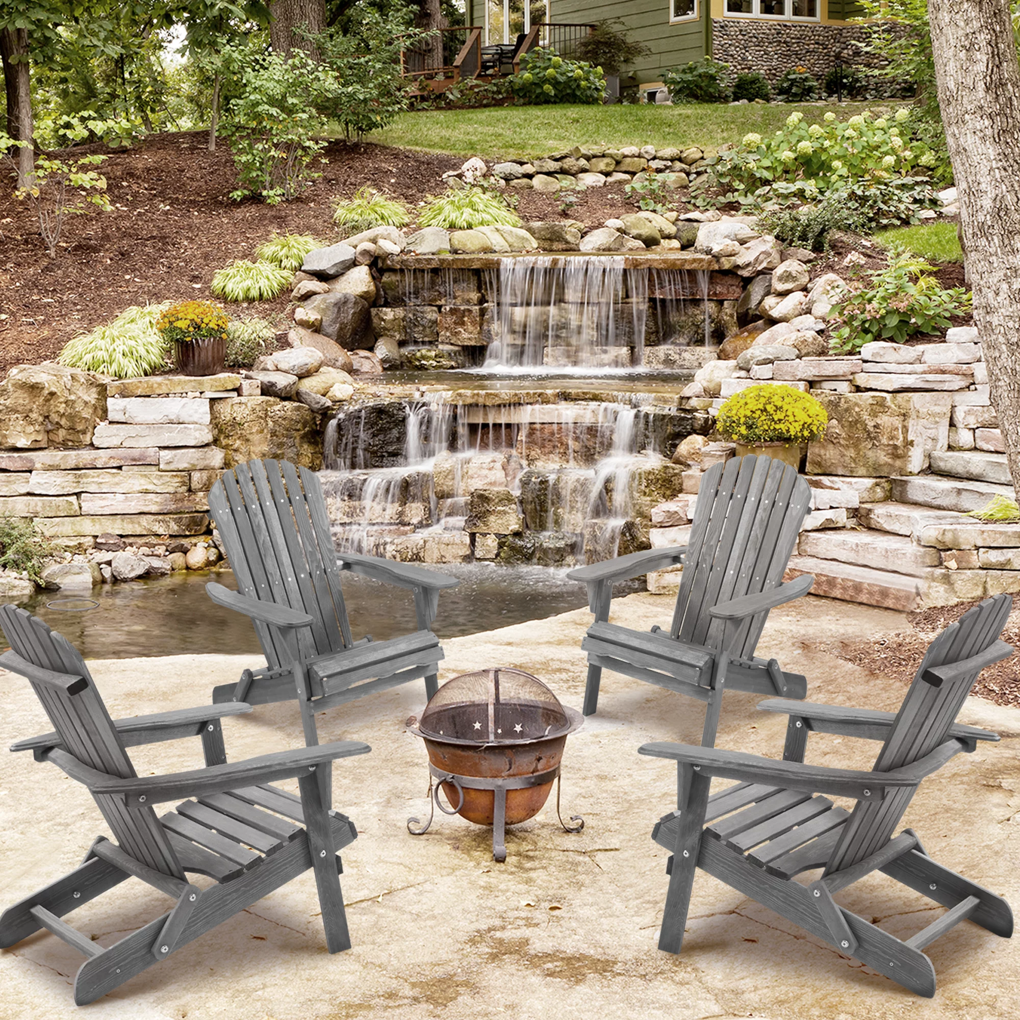 Outdoor Adirondack Chairs, Seizeen Wooden Folding Adirondack Chair Set of 2, Patio Furniture Set Lounge Chairs Quick Assembled