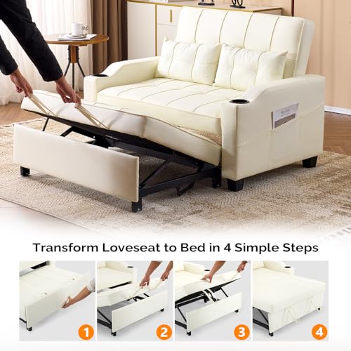 VINGLI Light Green Futon Sofa Bed Convertible Loveseat Sleeper Couch, Faux Leather Pullout Sofa Fold Out Couch Bed with USB Ports, Cup Holders