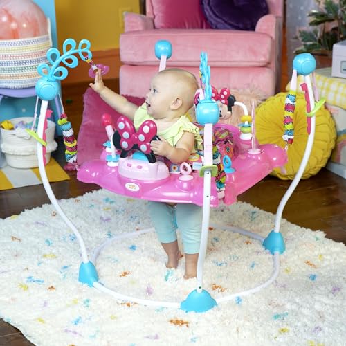 Bright Starts Disney Baby MINNIE MOUSE PeekABoo Baby Activity Center Jumper with 8 Toys, Lights & Sounds, 360-Degree Seat, 6-12 Months (Pink/Blue)