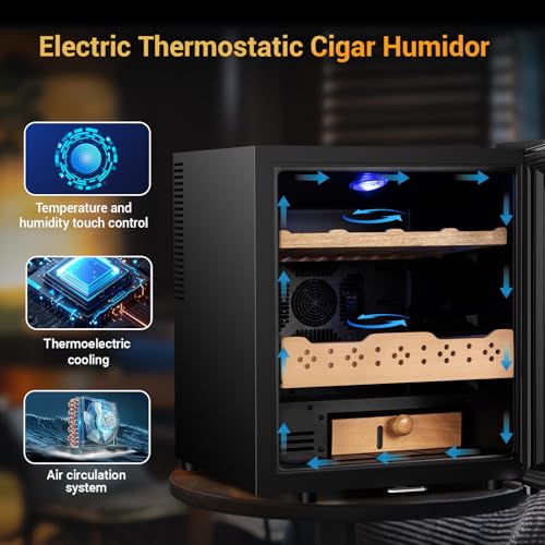 Cigar Electric Humidor, 35L 250 Counts Large Capacity Thermostatic Electric Cigar Cooler Cabinet with Digital LED Screen, Safety Lock