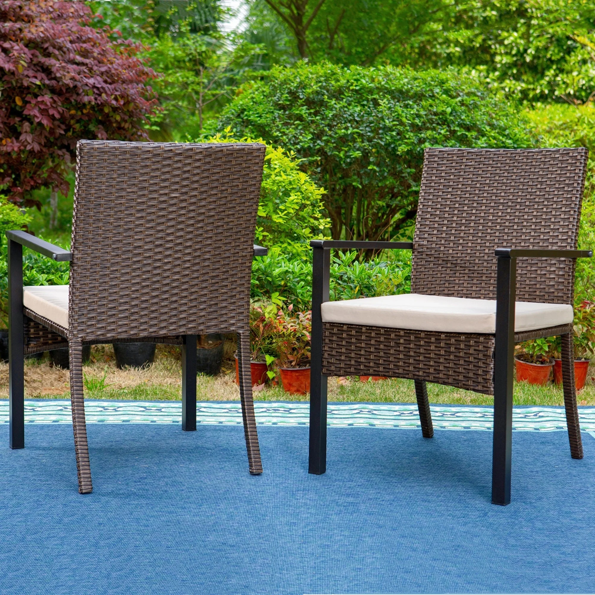 Summit Living 9-Piece Outdoor Dining Set with Wood Grain Table & Wicker Cushioned Chairs for 8-Person, Black & Beige