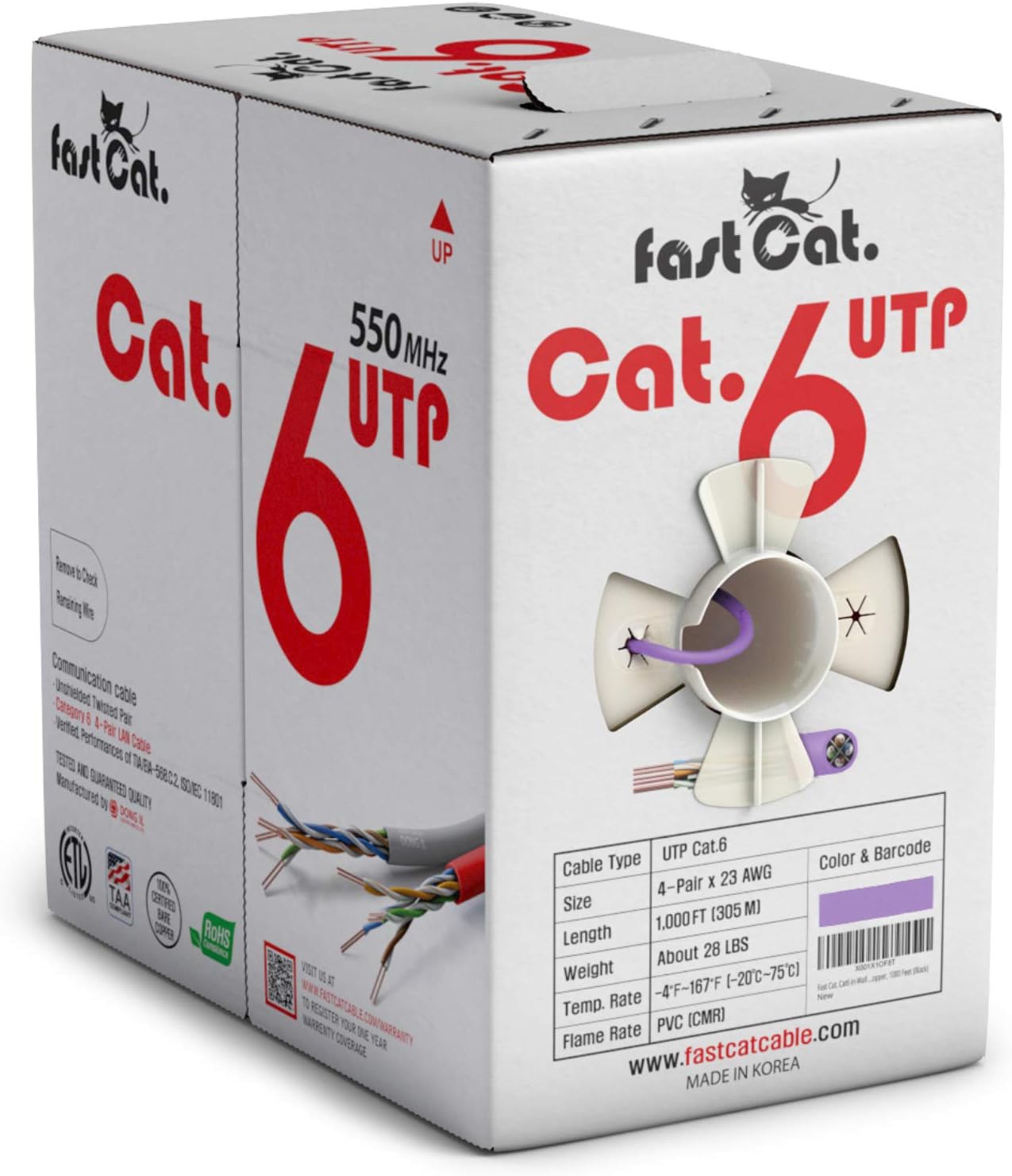 fast Cat. Cat6 Ethernet Cable 1000ft - 23 AWG, CMR, Insulated Solid Bare Copper Wire Internet Cable with Noise Reducing Cross Separator
