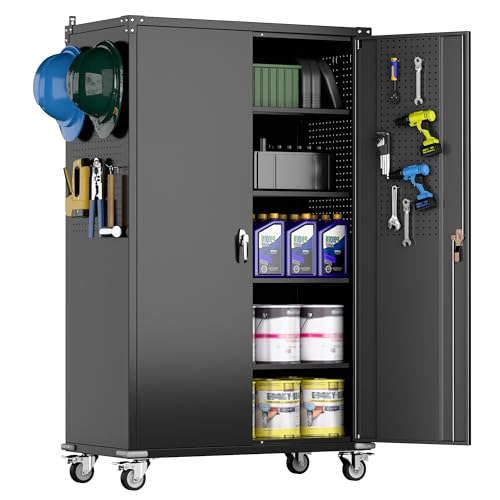 Garage Storage Cabinet with Wheels & Pegboard, 72" H Locking Metal Storage Cabinet with Doors and 4 Adjustable Shelves for Garage Workshop Home