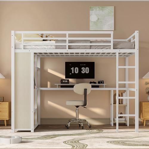 Bellemave Queen Size loft Bed with L Desk, Wardrobe, Metal Queen Loft Bed Frame for Adults, Kids, Teens, Black