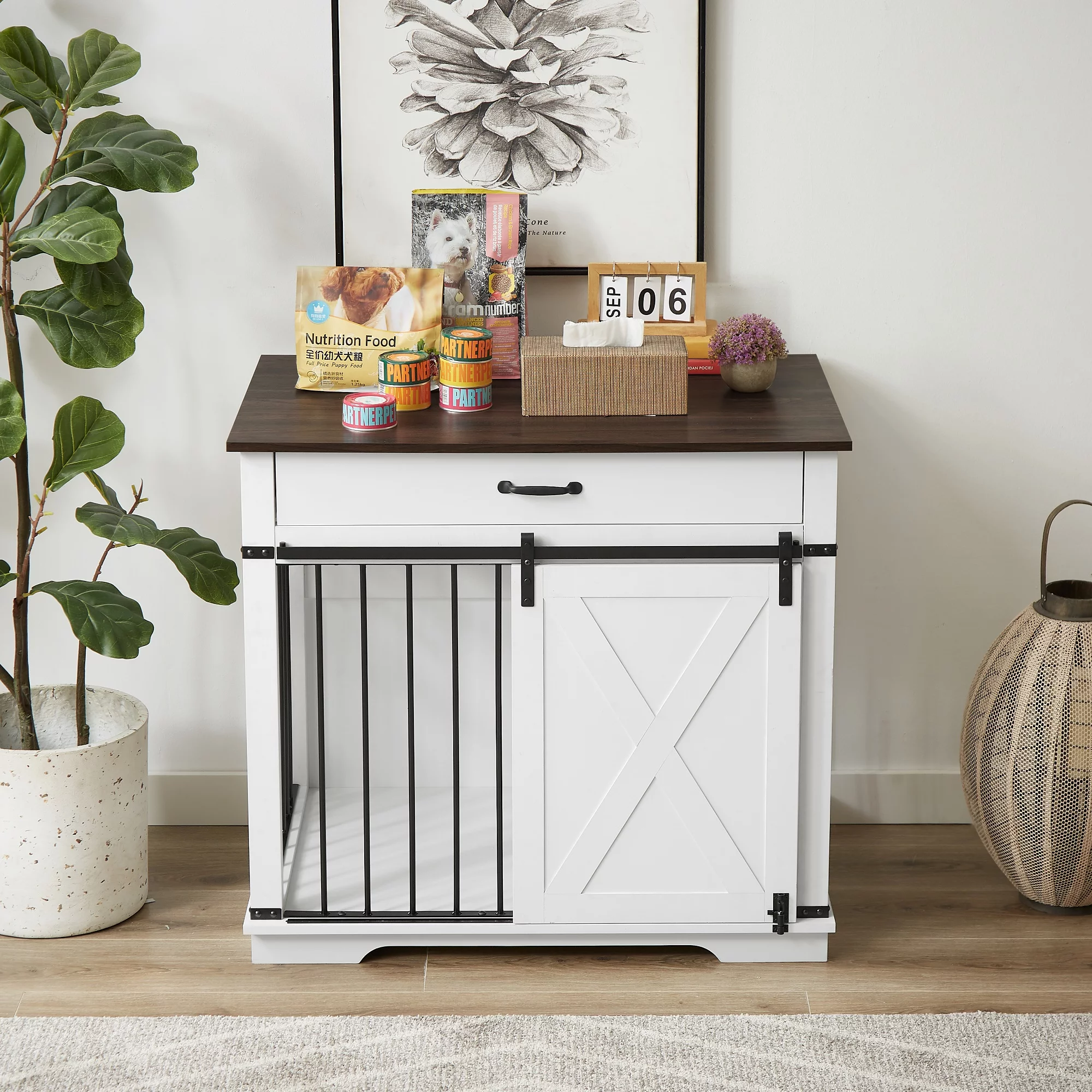 HUTWIFE Wooden Dog Crate with Sliding Barn Door, Wooden Pet Crate End Table, Dog Cage for Medium Dogs, White - Radiant Selections