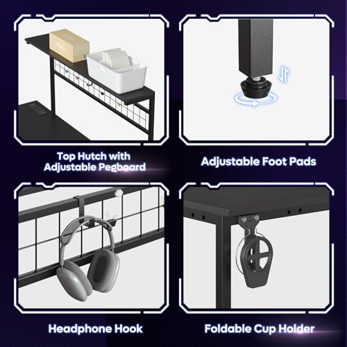 Bestier 42 L Gaming Desk,Computer Desk with Power Outlets, LED Lights, Reversible Corner Desk with 4-Tier Shelves,Cup Holder & Hook Carbon Fiber Black