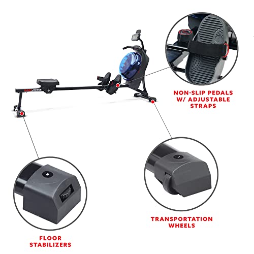 Sunny Health & Fitness Elite Water Rowing Machine with High Dynamic Resistance Vertical Tank
