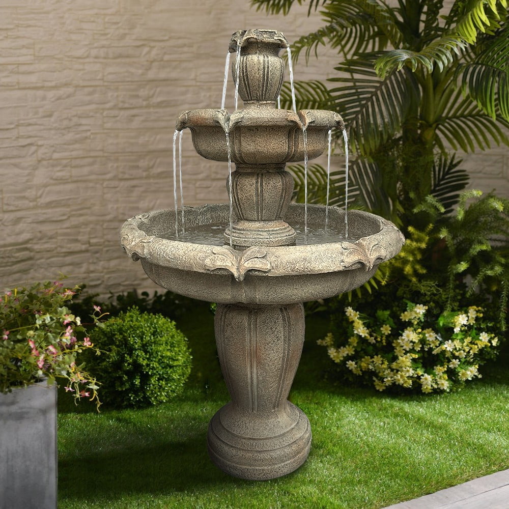 48-Inch Tall Outdoor Decorative 3-Tiered Concrete Relaxation Fountain - Radiant Selections