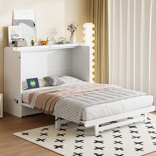 Harper & Bright Designs Full Size Murphy Bed Cabinet Wall Bed, Solid Pine Murphy Bed Chest with USB Ports