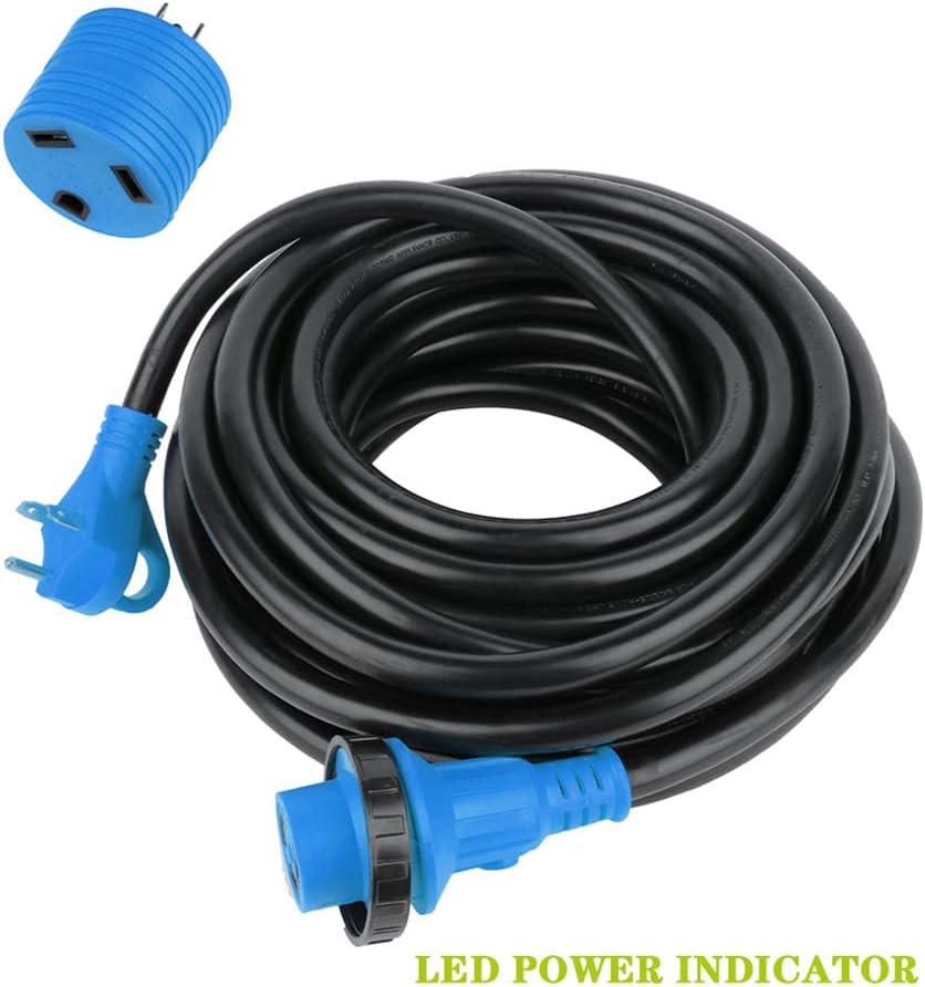 SCITOO RV Cord 50 Feet 30 Amp RV Extension Cord, Heavy Duty STW 10AWG 3 Wire with LED Power Indicator, Free 30A Female to 15A Male Adaptor