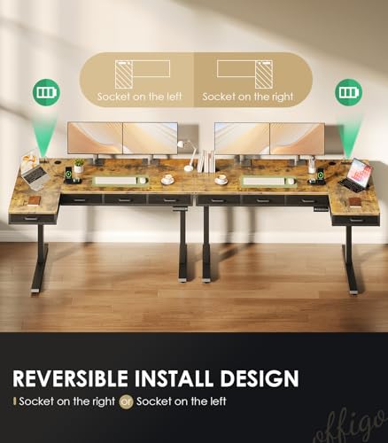 OffiGo 63 Inch L Shaped Electric Standing Desk with Drawers, Height Adjustable Large Desk with Power Outlets, Sit Stand Table