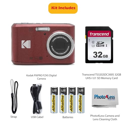 KODAK PIXPRO FZ45 16MP Digital Camera with 4X Optical Zoom 27mm Wide Angle and 2.7" LCD Screen Bundle with 32GB SD Memory Card, AA Batteries (4 Pack)