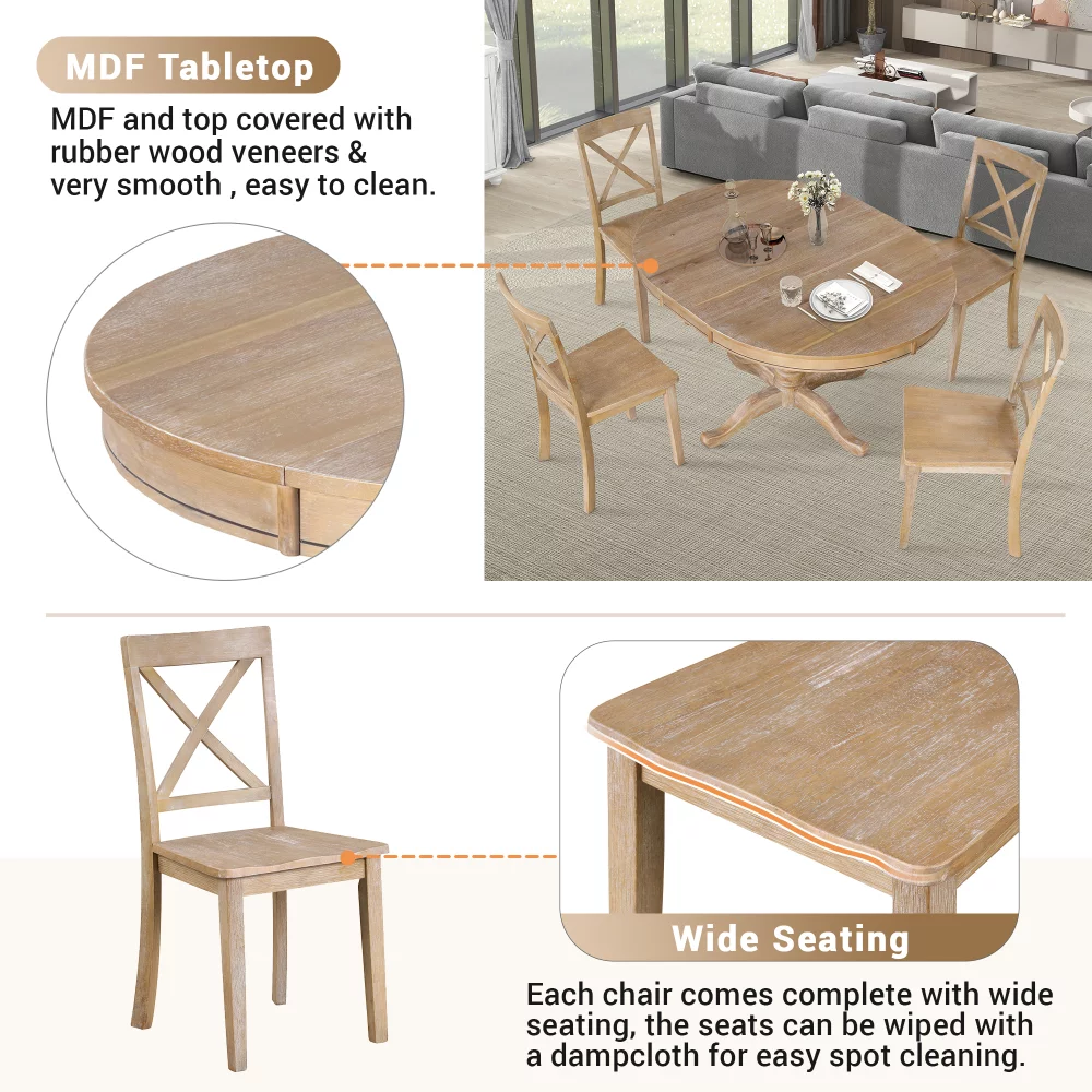 5-Piece Dining Table and Chairs Set for 4 Persons, Solid Wood Round Table with 4 Chairs for Apartment Kitchen Dining Room